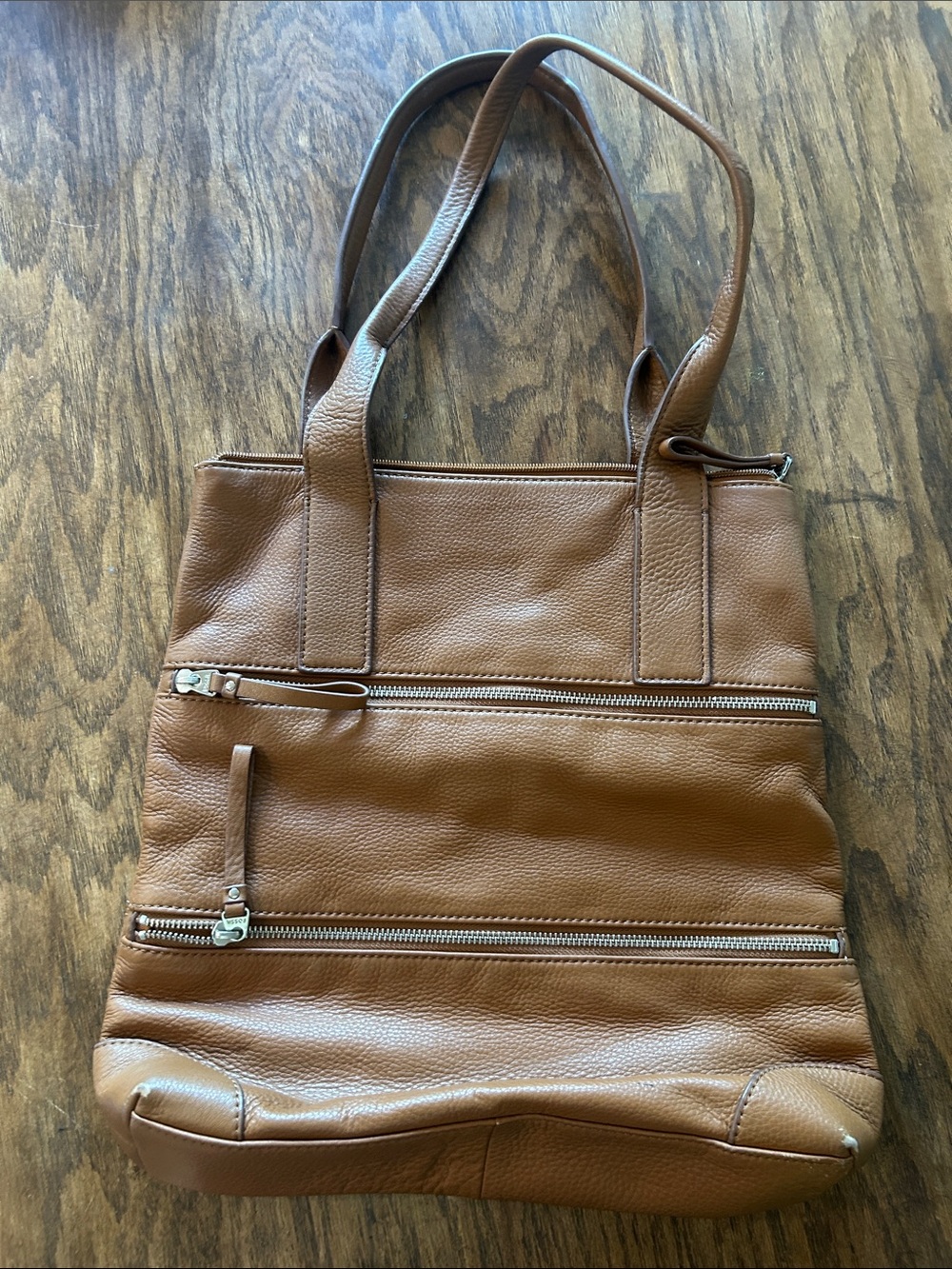 Fossil Caramel Brown Pebbled Leather Zip-Front Tote